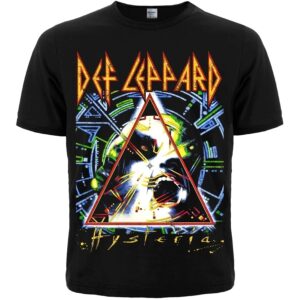 Черна рок тениска Def Leppard - Hysteria с неоново лого и цветен триъгълен принт