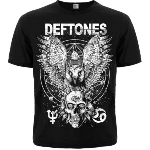 Черна метъл тениска Deftones с бухал, череп и окултни символи