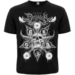 Черна метъл тениска Dethklok с черно-бял принт на череп и героите от Metalocalypse