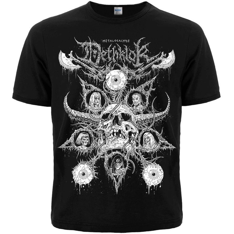 Черна метъл тениска Dethklok с черно-бял принт на череп и героите от Metalocalypse