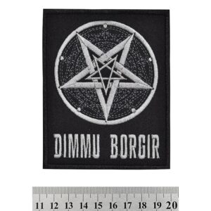 Везана нашивка Dimmu Borgir с бяло блек метъл лого върху черен фон.