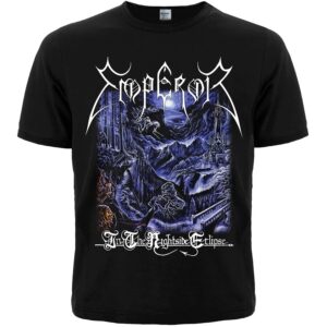 Черна метъл тениска Emperor - In the Nightside Eclipse със синя обложка на замък и бяло лого