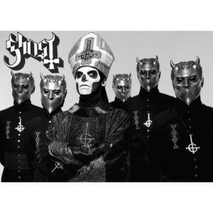 Плакат на Ghost с цялата банда и Papa Emeritus