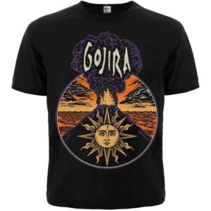 Черна метъл тениска на Gojira с илюстрация на вулкан и слънце от албума Magma
