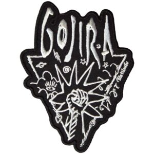 Бродирана нашивка на групата Gojira с бяло лого и символична емблема с юмрук върху черен фон
