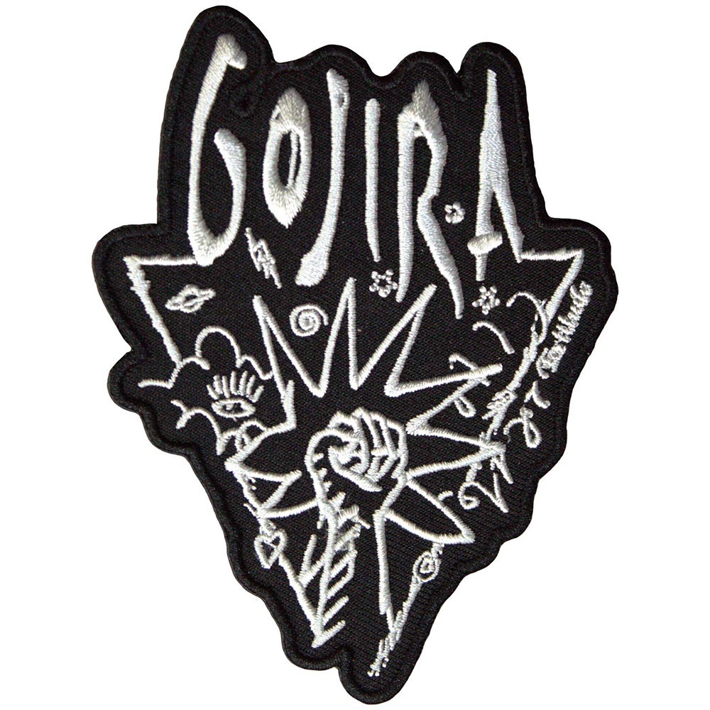 Бродирана нашивка на групата Gojira с бяло лого и символична емблема с юмрук върху черен фон