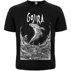 Тениска Gojira Flying Whales Art с летящ кит, вълни и лого на групата