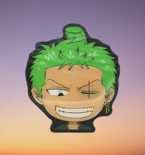 3D стикер за кола One Piece Зоро с ярко зелена коса и белег на окото аниме дизайн