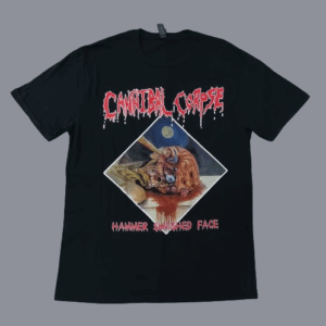 Черна метъл тениска Cannibal Corpse с кърваво лого и арт на Hammer Smashed Face