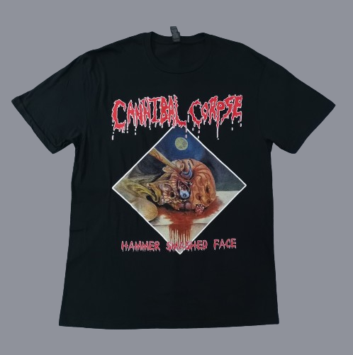 Черна метъл тениска Cannibal Corpse с кърваво лого и арт на Hammer Smashed Face