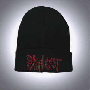 Черна зимна плетена шапка тип beanie с бродирано лого на Slipknot в червено