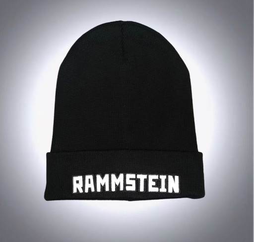 Черна зимна плетена шапка тип beanie с бяло бродирано лого на Rammstein