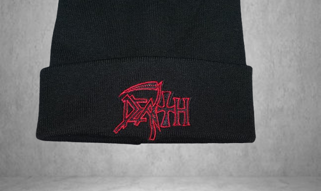 Черна зимна шапка Death с червен надпис и помпон - Image 5