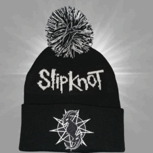 Черна зимна плетена шапка Slipknot с бяла деветлъчева звезда и черно-бял помпон