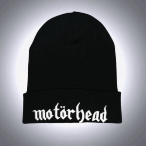 Черна зимна плетена шапка Motörhead с бяло бродирано лого отпред