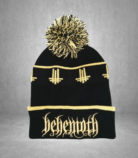 Черна зимна плетена шапка Behemoth със златист помпон и бродирано златисто лого