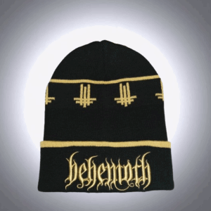 Черна зимна плетена шапка Behemoth със златисто лого и бродирани обърнати кръстове