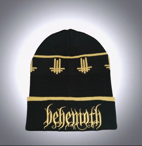 Черна зимна плетена шапка Behemoth със златисто лого и бродирани обърнати кръстове