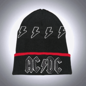 Черна зимна плетена шапка AC/DC с бели мълнии и бродирано лого с червен кант