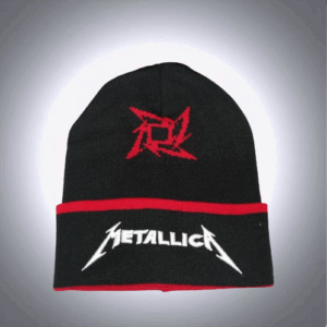 Черна зимна шапка Metallica Ninja Star с червена нинджа звезда и бяло лого на подгъва
