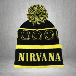 Черна зимна шапка с помпон Nirvana Smiley с жълти надписи и лога