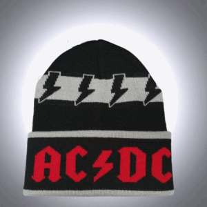 Черна зимна шапка AC/DC с плетено червено лого и сиви светкавици отгоре