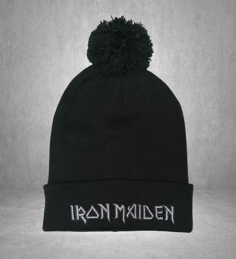 Черна зимна шапка с помпон Iron Maiden и сиво бродирано лого