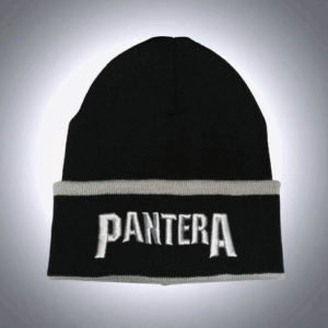 Плетена черна зимна шапка Pantera с бяло бродирано лого и сива линия