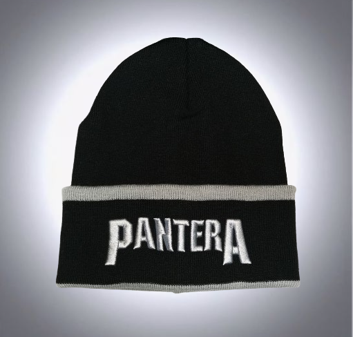 Плетена черна зимна шапка Pantera с бяло бродирано лого и сива линия