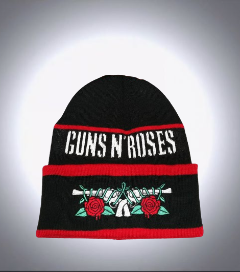 Черна зимна шапка Guns N' Roses с червени ленти и бродерия