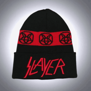 Черна зимна шапка Slayer с червено бродирано лого и лента с пентаграми