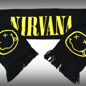 Черен плетен гръндж шал Nirvana с ярко жълто лого и смайли графики