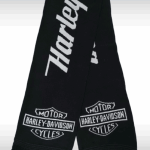 Черен плетен зимен шал Harley-Davidson с бели лога в краищата и голям надпис