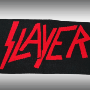 Плетен черен шал Slayer с червени лога и класически черни ресни - Hover Image