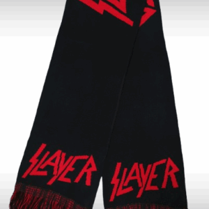Плетен черен шал Slayer с червени лога и ресни - Hover Image