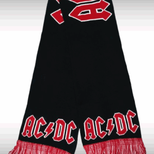 Двулицев плетен шал AC/DC с червено-бели лога и ресни - Hover Image