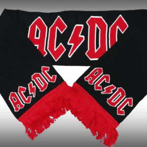 Черен плетен рок шал AC/DC с големи червени лога и ярко червени ресни