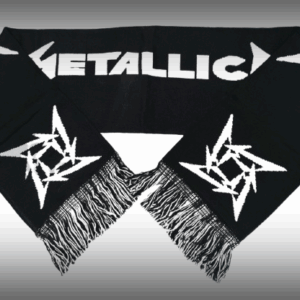 Двулицев плетен шал Metallica с бяло лого на черен фон и черни ресни
