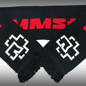 Черен плетен метъл шал Rammstein с голям червен надпис и бели символи в краищата