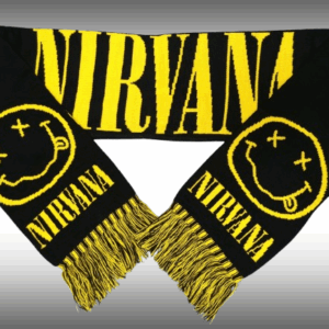 Двулицев плетен шал Nirvana обратна страна в жълто с черни надписи и ресни