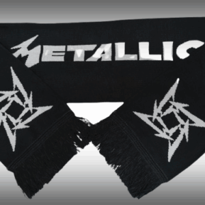Черен плетен метъл шал Metallica със сиви лога и черни ресни в краищата