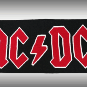 Плетен черен шал AC/DC с големи червени лога и ресни - Hover Image