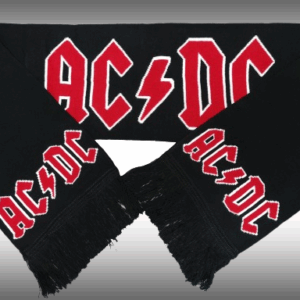 Плетен черен шал AC/DC с голямо червено лого в средата и малки лога в краищата