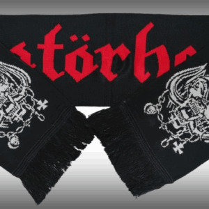 Черен плетен метъл шал Motörhead с червено готическо лого и бели Warpig графики
