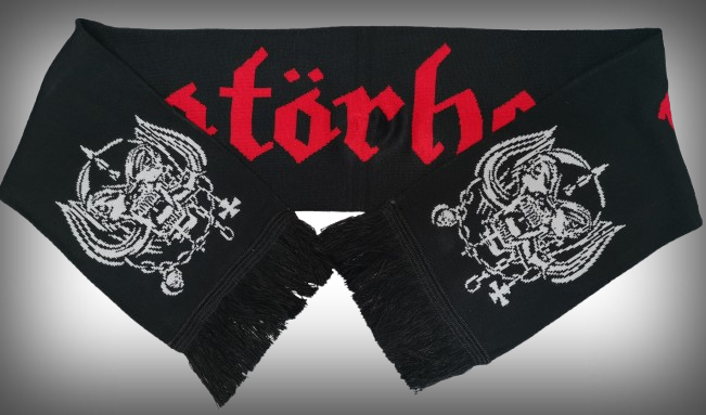 Черен плетен метъл шал Motörhead с червено готическо лого и бели Warpig графики