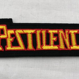 Жълто-червена бродирана нашивка Pestilence на черен фон