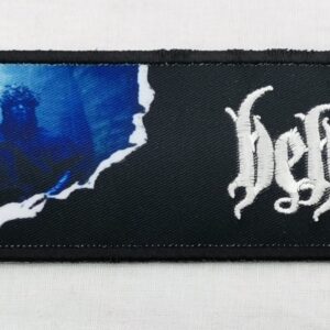Черна нашивка за дрехи Behemoth с бяло лого и синьо изображение.