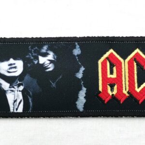 Текстилна нашивка AC/DC Rock and Roll с ликовете на Ангъс и Малкълм Йънг и червено лого.