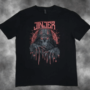 Черна метъл тениска Jinjer с щампа на скелет с червени очи и лого True Believer