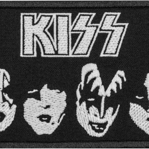 Бродирана правоъгълна нашивка на KISS – група с бяло лого и четири маскирани лица.